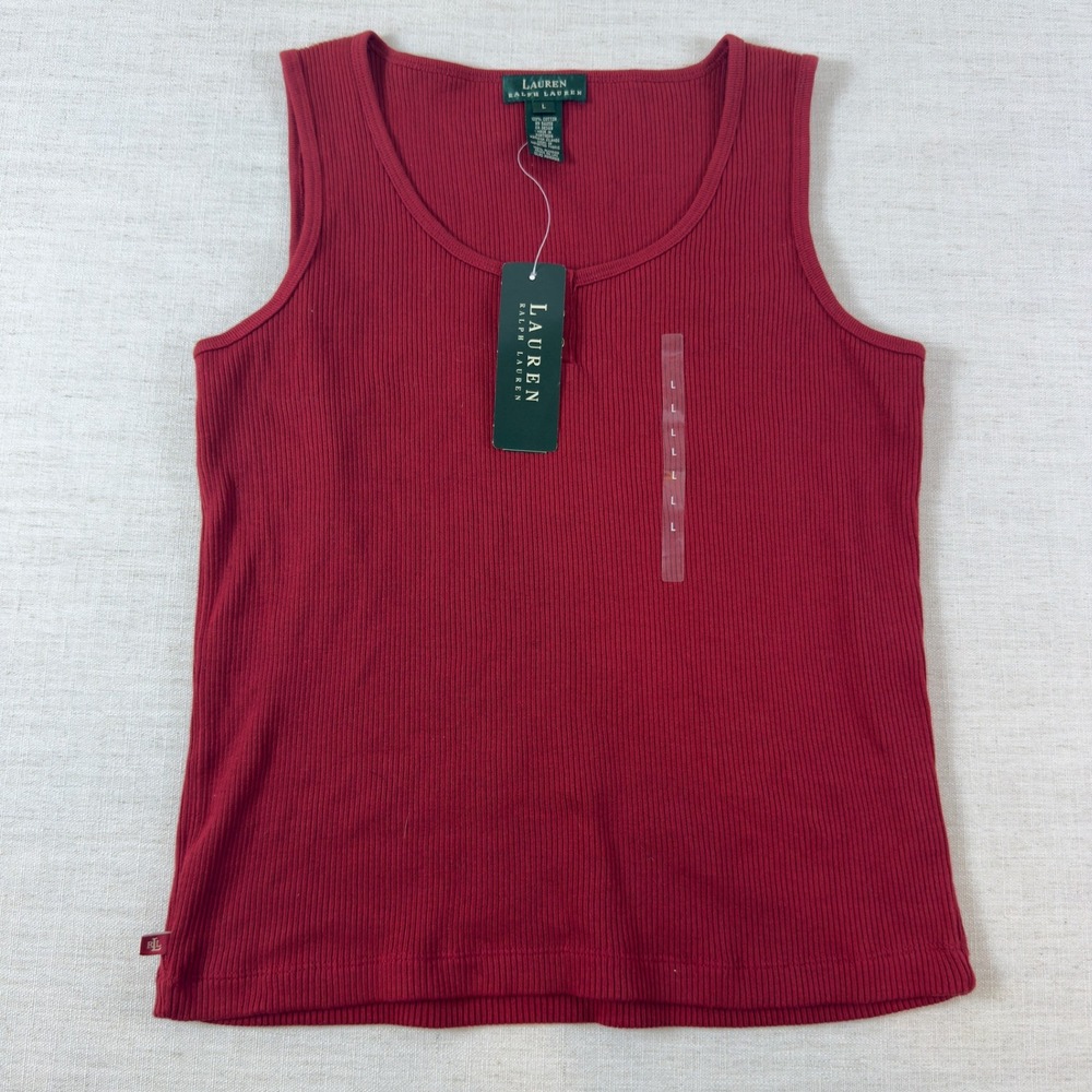 Lauren Ralph Lauren Red Ribbed Cotton Tank Top Scoop Neck Large NWT